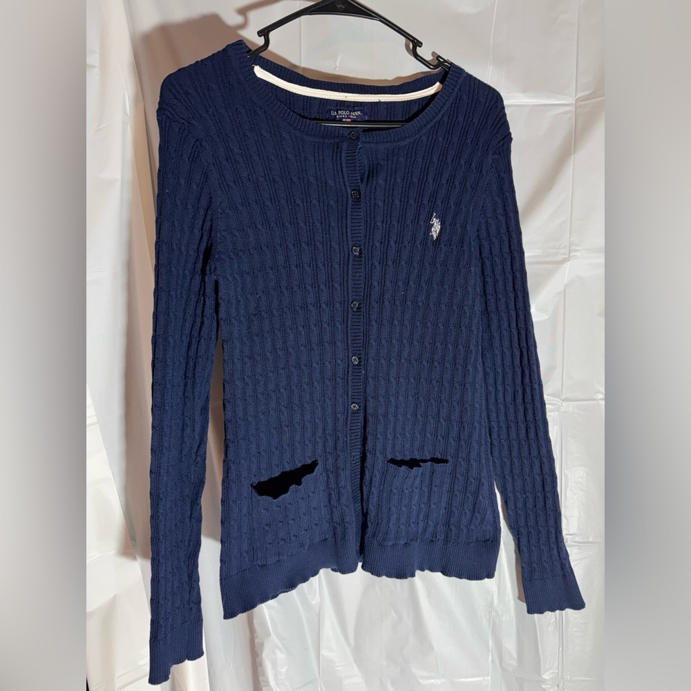 Navy Blue Cable Knit Button Up Cardigain
